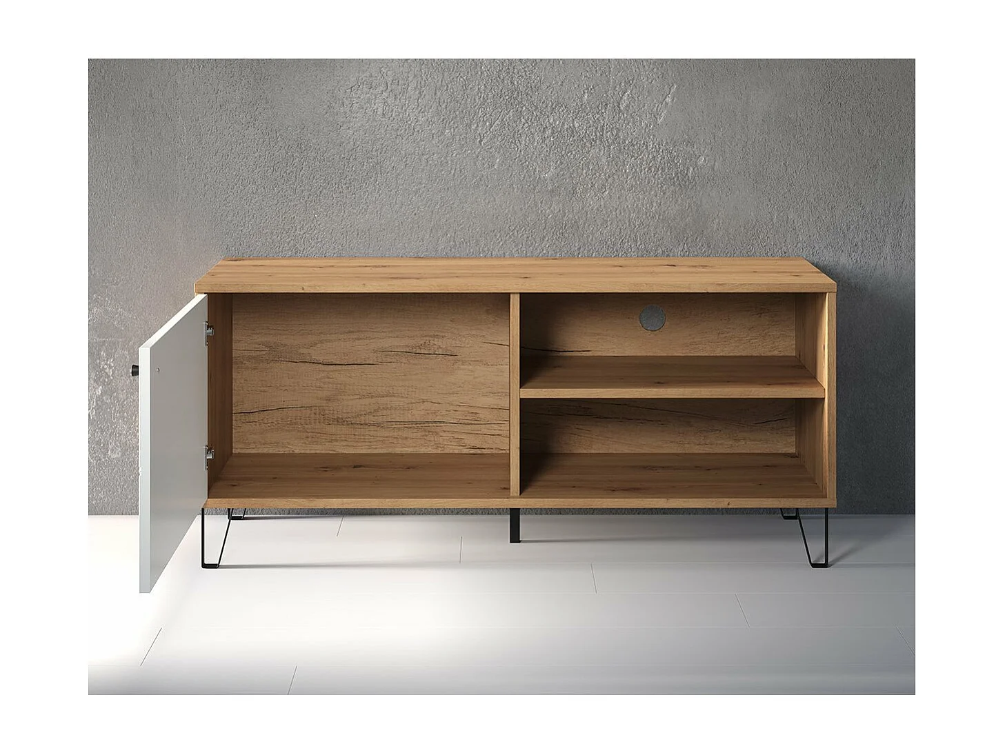 Mueble de TV Moderno | 1 Puerta con Relieves | Laminado Sintético y DM | Acabado en Roble y Blanco Mate | Medidas: 123.4 cm Ancho x 40 cm Fondo x 55.2