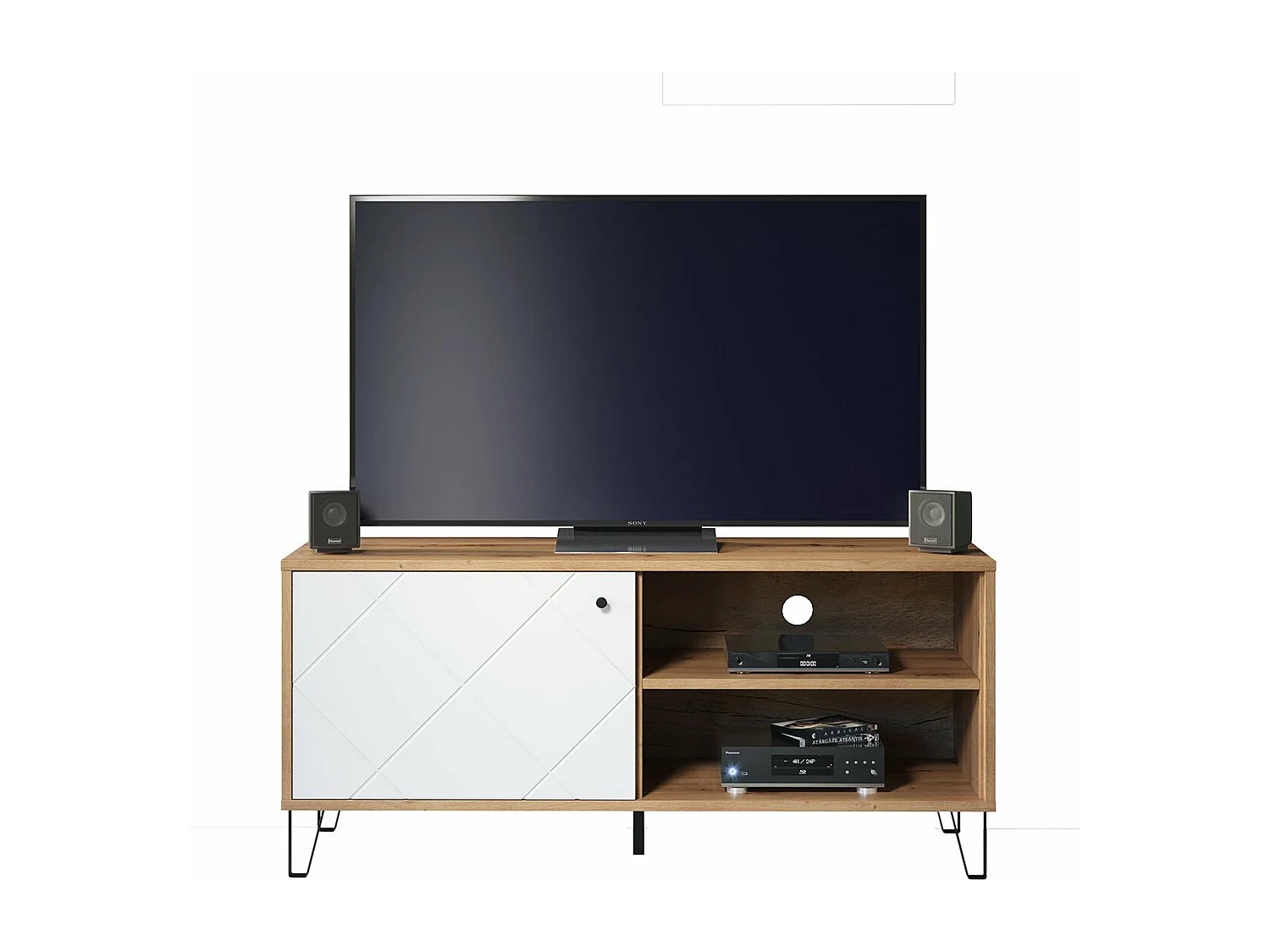 Mueble de TV Moderno | 1 Puerta con Relieves | Laminado Sintético y DM | Acabado en Roble y Blanco Mate | Medidas: 123.4 cm Ancho x 40 cm Fondo x 55.2