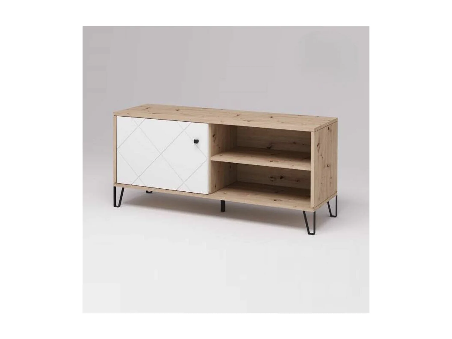 Mueble de TV Moderno | 1 Puerta con Relieves | Laminado Sintético y DM | Acabado en Roble y Blanco Mate | Medidas: 123.4 cm Ancho x 40 cm Fondo x 55.2
