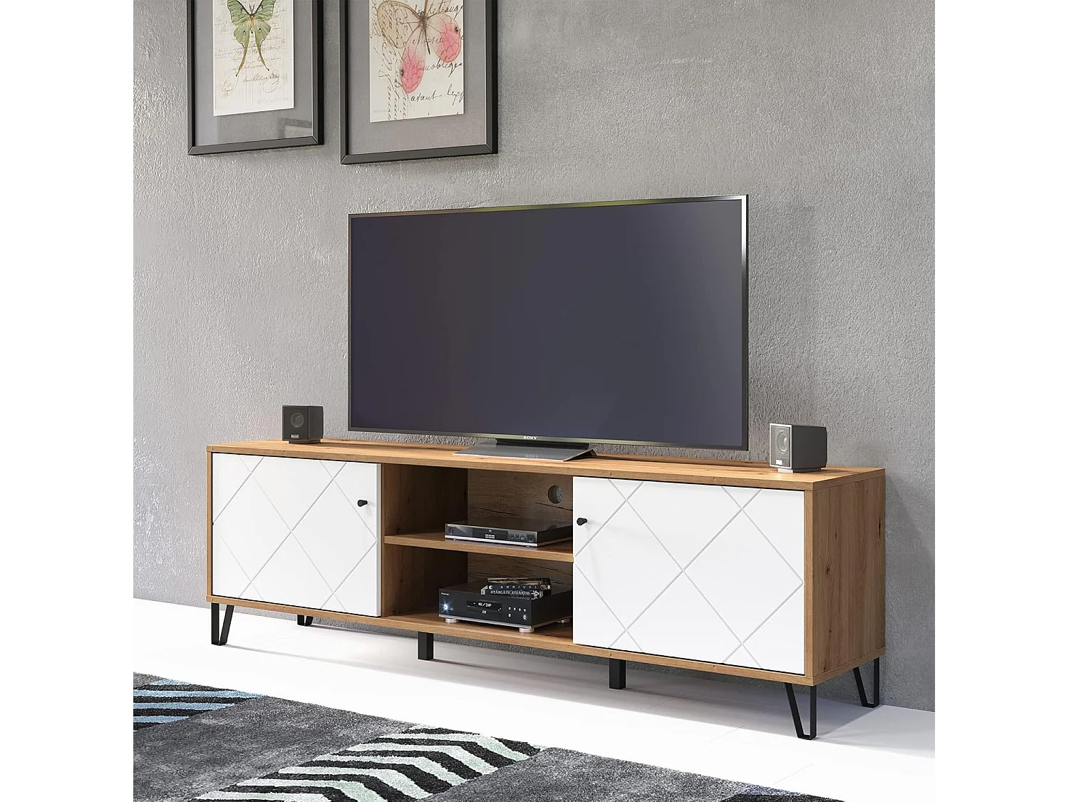 Mueble TV Moderno | 2 Puertas y Relieves | Fabricado en Laminado Sintético y DM | Color Roble y Blanco Mate | Dimensiones: 183,4 x 40 x 55,2 cm.