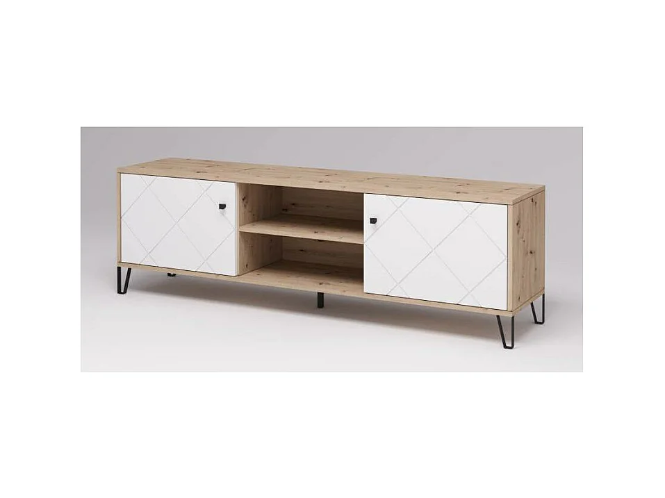 Mueble TV Moderno | 2 Puertas y Relieves | Fabricado en Laminado Sintético y DM | Color Roble y Blanco Mate | Dimensiones: 183,4 x 40 x 55,2 cm.