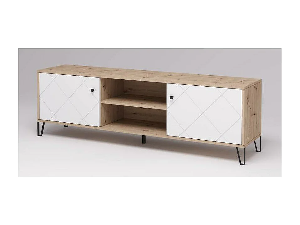 Mueble TV Moderno | 2 Puertas y Relieves | Fabricado en Laminado Sintético y DM | Color Roble y Blanco Mate | Dimensiones: 183,4 x 40 x 55,2 cm.