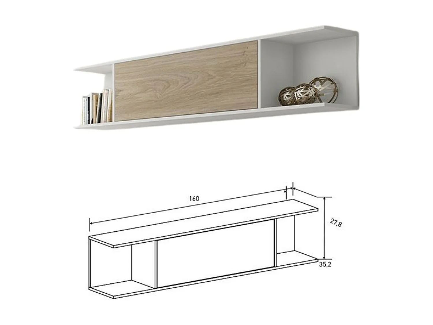 Mueble de TV de Diseño Nórdico + Modulo Alto, 2 Compartimentos de Almacenamiento y 2 Puertas,Cambrian-Blanco, 49cm(Alto) x 180cm (Ancho) x 40cm (Fondo)