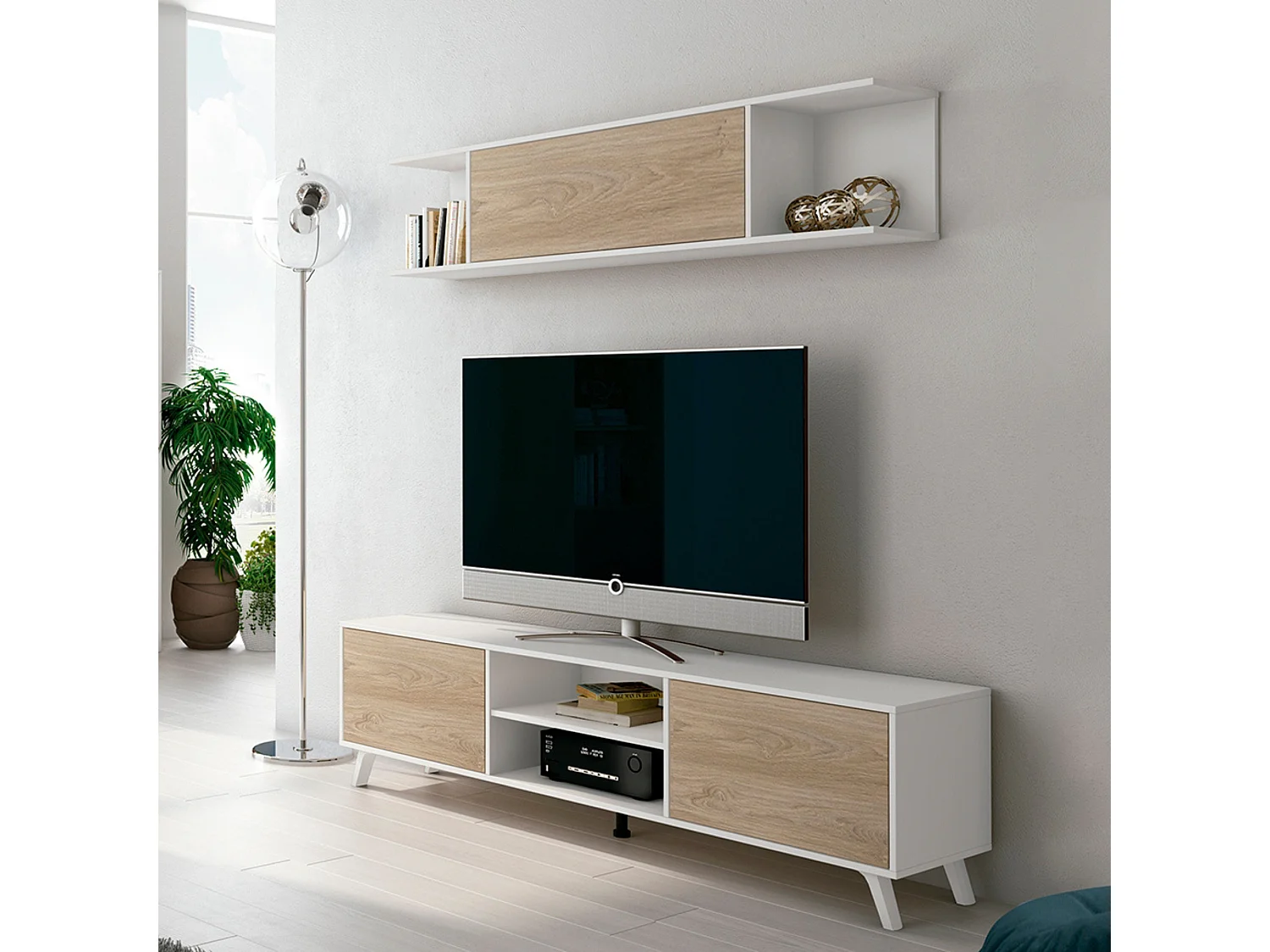 Mueble de TV de Diseño Nórdico + Modulo Alto, 2 Compartimentos de Almacenamiento y 2 Puertas,Cambrian-Blanco, 49cm(Alto) x 180cm (Ancho) x 40cm (Fondo)