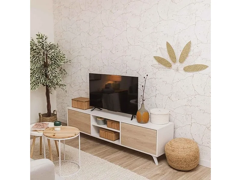 Mueble de TV de Diseño Nórdico + Modulo Alto, 2 Compartimentos de Almacenamiento y 2 Puertas,Cambrian-Blanco, 49cm(Alto) x 180cm (Ancho) x 40cm (Fondo)