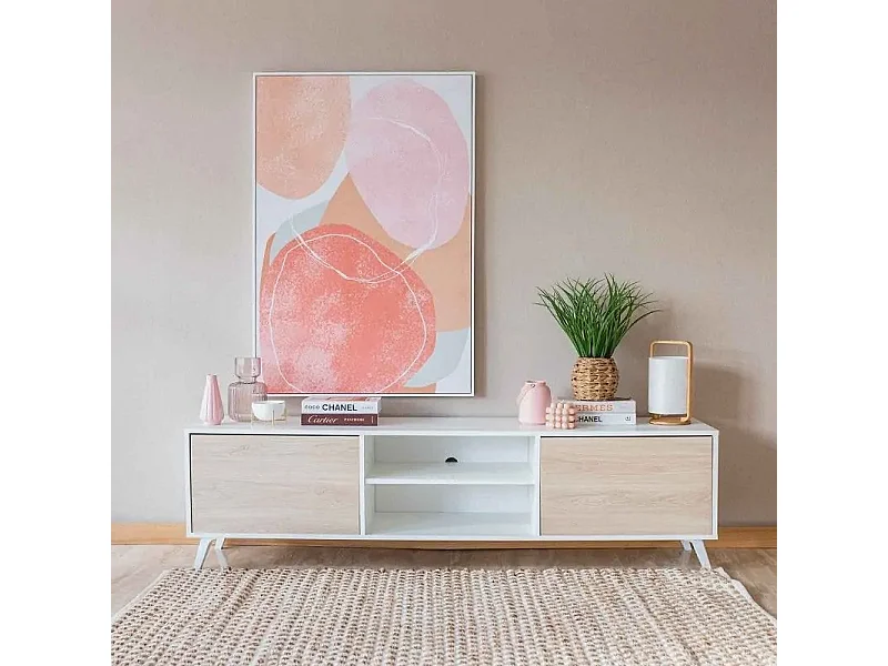 Mueble de TV de Diseño Nórdico + Modulo Alto, 2 Compartimentos de Almacenamiento y 2 Puertas,Cambrian-Blanco, 49cm(Alto) x 180cm (Ancho) x 40cm (Fondo)