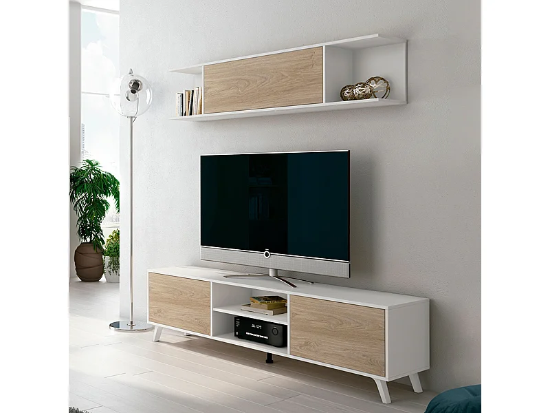 Mueble de TV de Diseño Nórdico + Modulo Alto, 2 Compartimentos de Almacenamiento y 2 Puertas,Cambrian-Blanco, 49cm(Alto) x 180cm (Ancho) x 40cm (Fondo)