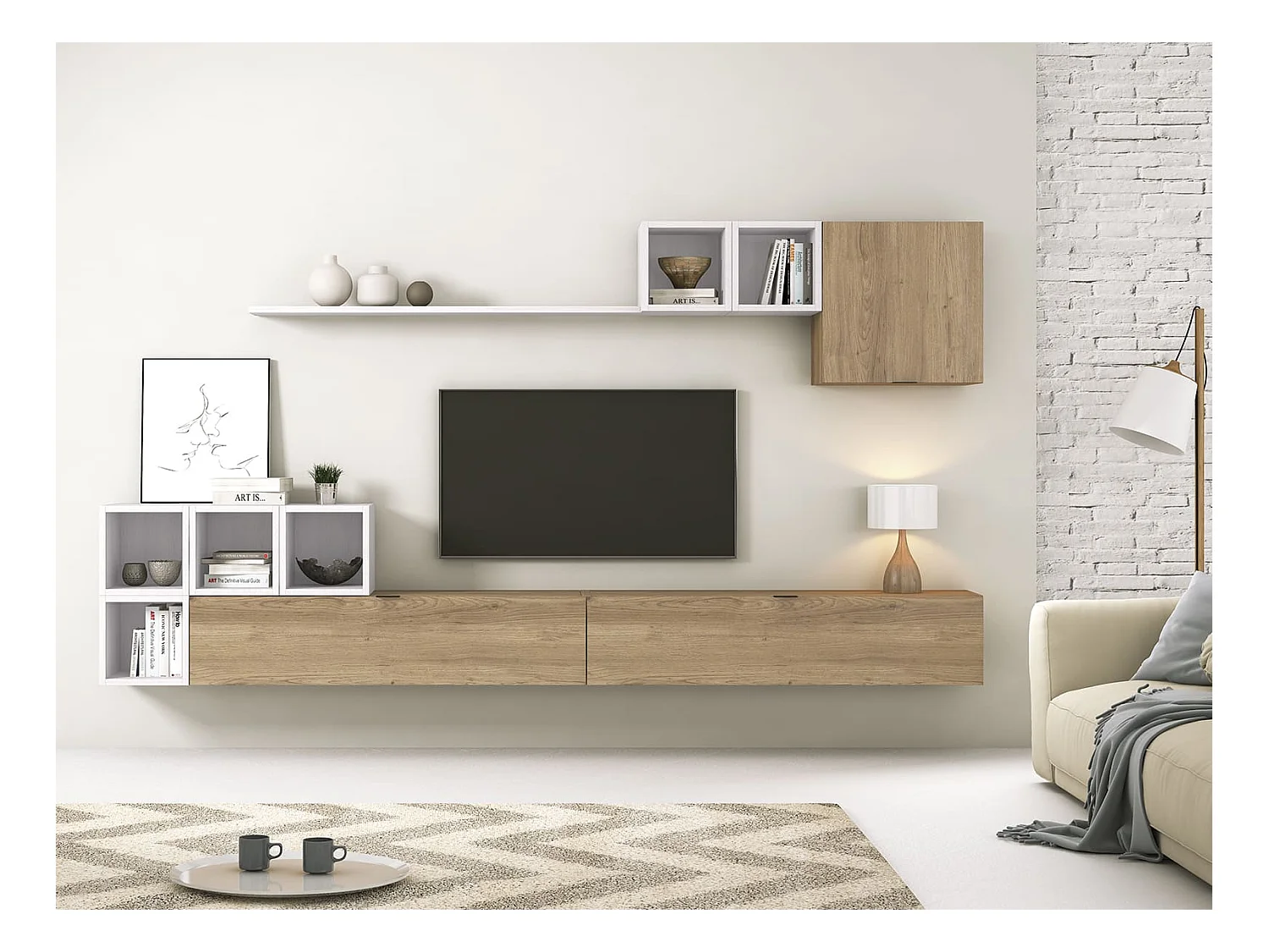 Meyvaser Mueble de salón y TV Conjunto muebles de salón apilable 301 Cm Ancho Color madera y blanco
