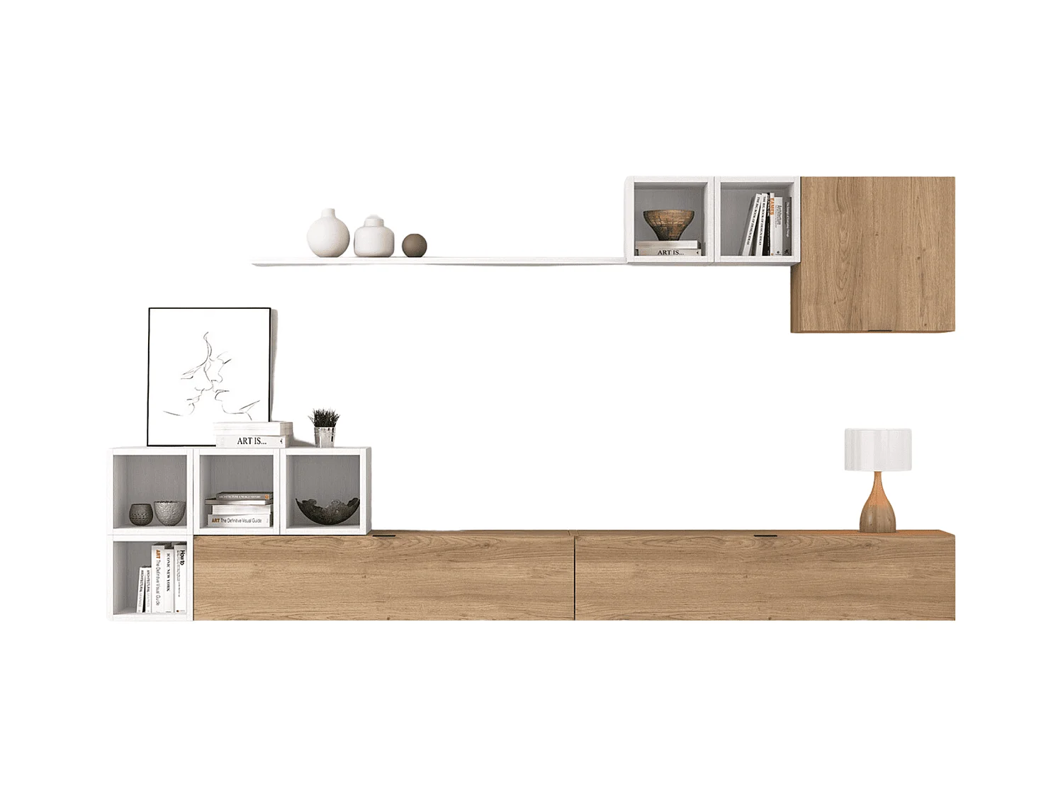 Meyvaser Mueble de salón y TV Conjunto muebles de salón apilable 301 Cm Ancho Color madera y blanco