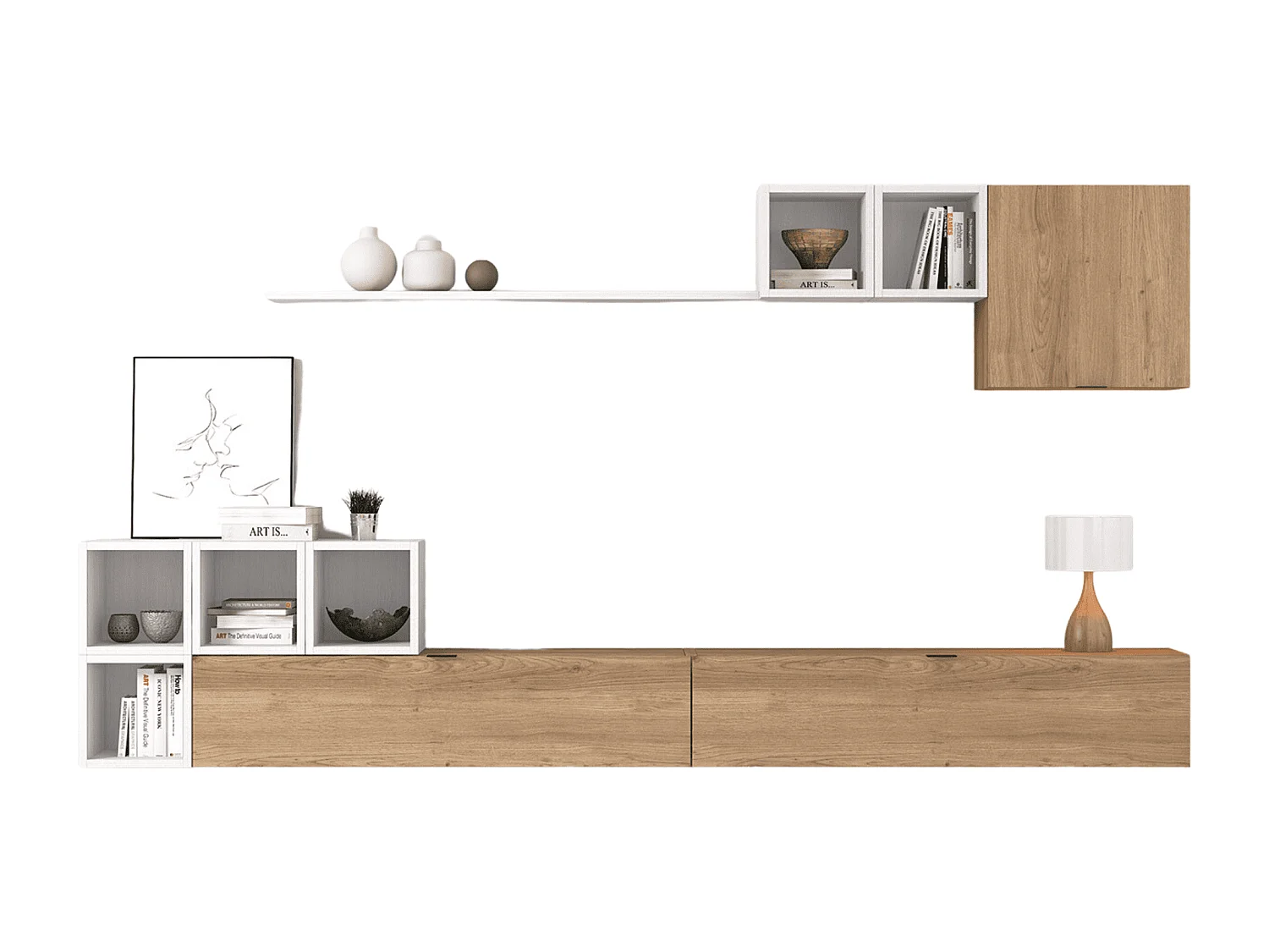 Meyvaser Mueble de salón y TV Conjunto muebles de salón apilable 301 Cm Ancho Color madera y blanco