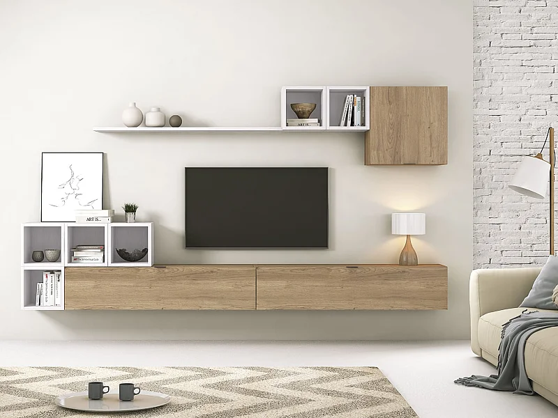 Meyvaser Mueble de salón y TV Conjunto muebles de salón apilable 301 Cm Ancho Color madera y blanco