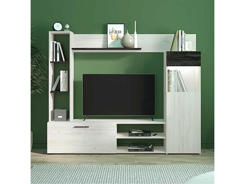 Mueble de Salón Modular Elegante | Ancho 192 cm, Alto 155.5 cm, Fondo 35 cm | Color Roble Blanco y Roble Ceniza