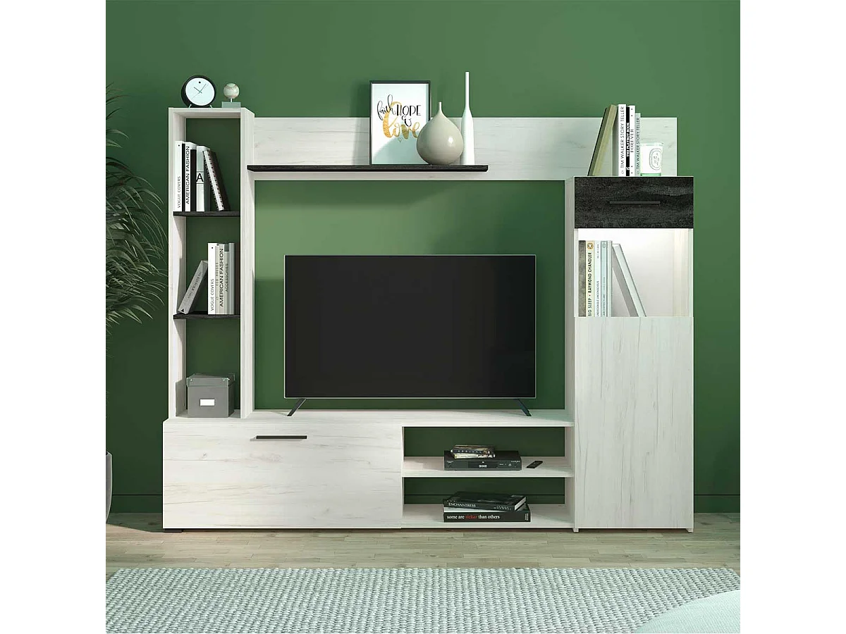 Mueble de Salón Modular Elegante | Ancho 192 cm, Alto 155.5 cm, Fondo 35 cm | Color Roble Blanco y Roble Ceniza