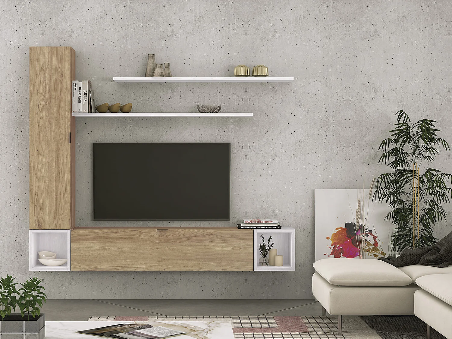Meyvaser Mueble de salón y TV Conjunto muebles de salón apilable 196 Cm Ancho Color Madera y Blanco