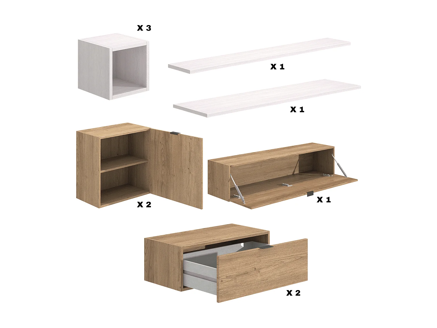 Meyvaser Mueble de salón y TV Conjunto muebles de salón apilable 270 Cm Ancho Color madera y blanco