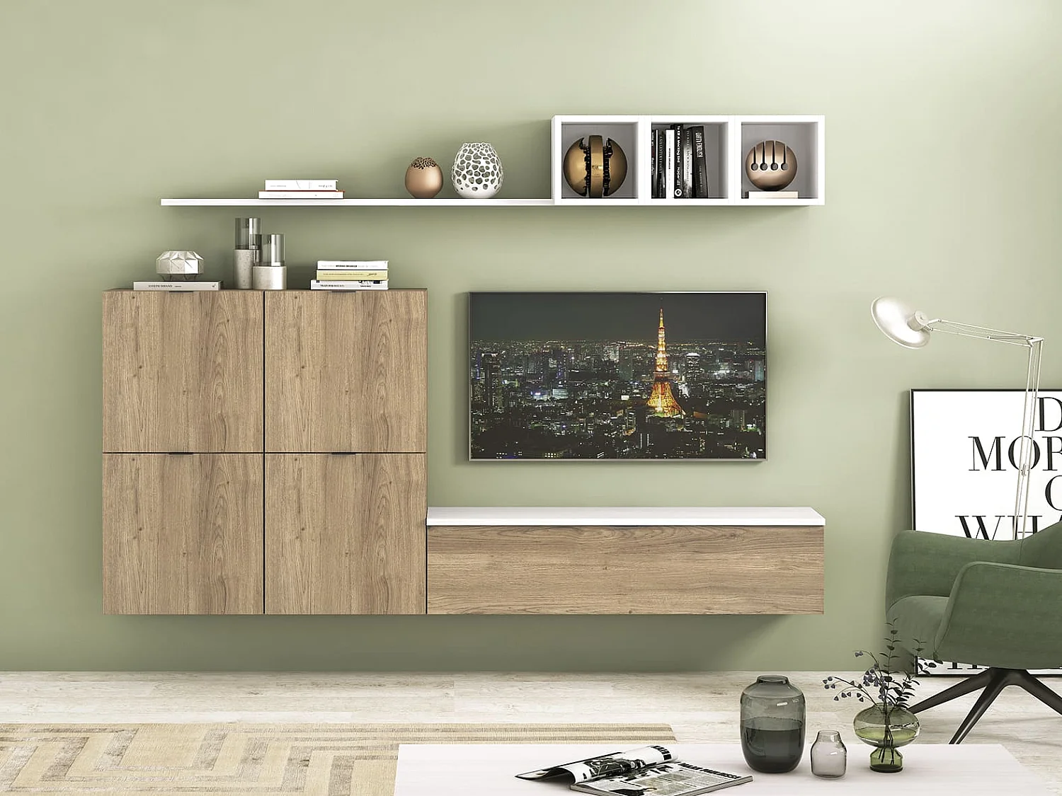 Meyvaser Mueble de salón y TV Conjunto muebles de salón apilable 245 Cm Ancho Color Madera y Blanco