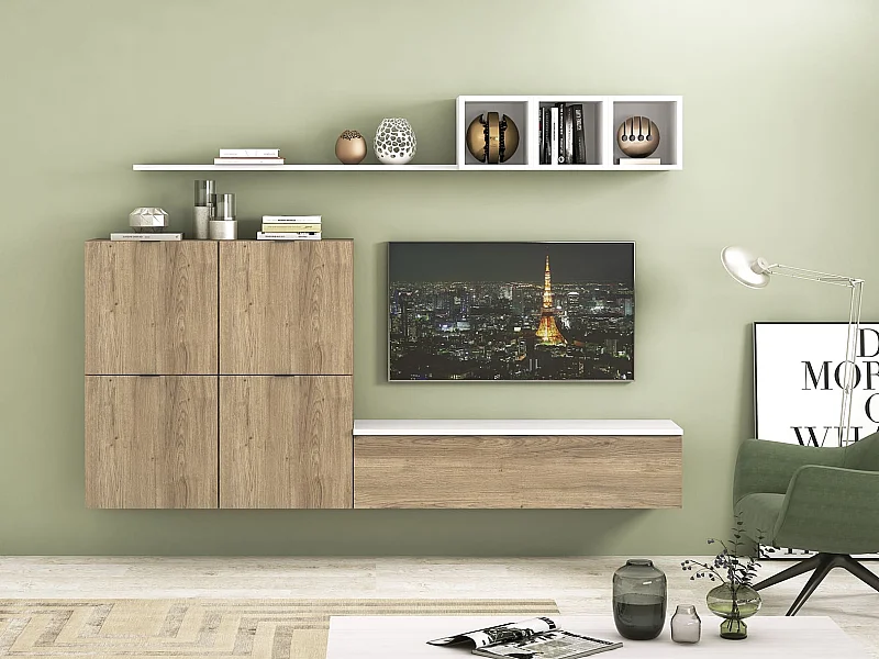 Meyvaser Mueble de salón y TV Conjunto muebles de salón apilable 245 Cm Ancho Color Madera y Blanco