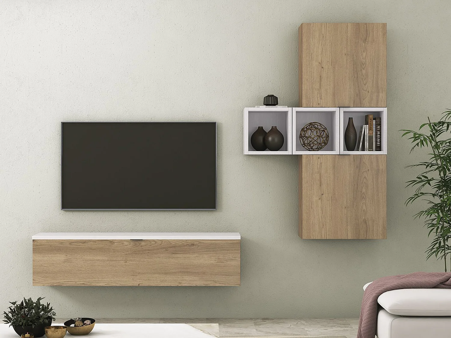 Meyvaser Mueble de salón y TV Conjunto muebles de salón apilable 245 Cm Ancho Color Madera y Blanco