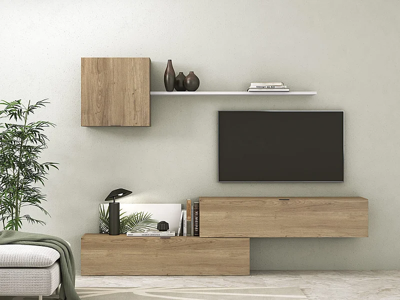 Meyvaser Mueble de salón y TV Conjunto muebles de salón apilable 235 Cm Ancho Color madera y blanco