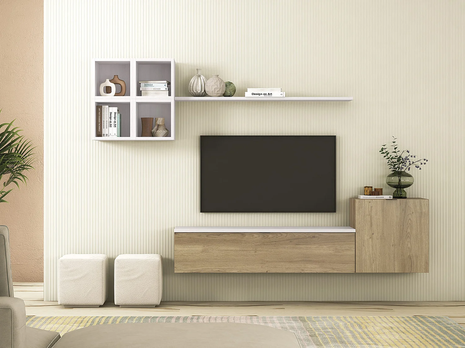 Meyvaser Mueble de salón y TV Conjunto muebles de salón apilable 245 Cm Ancho Color madera y blanco