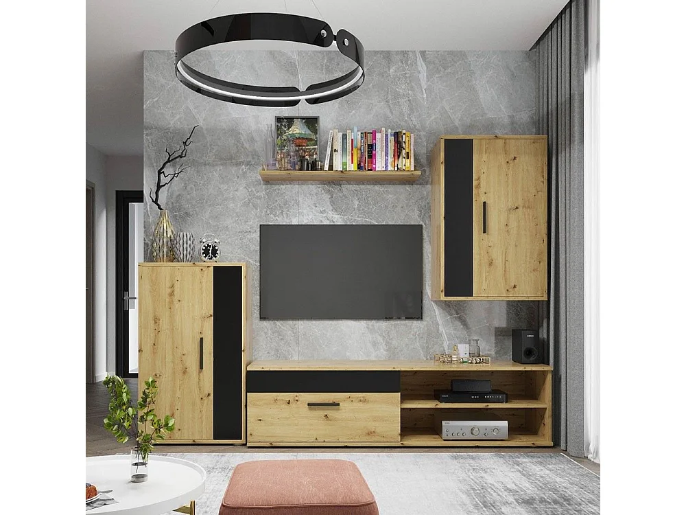 Mueble de Salón Modular Completo | Conjunto de 4 Piezas: Mueble para Televisión, Mueble Bajo, Mueble Alto y Estantería Alta | Color Roble Nudoso y Neg