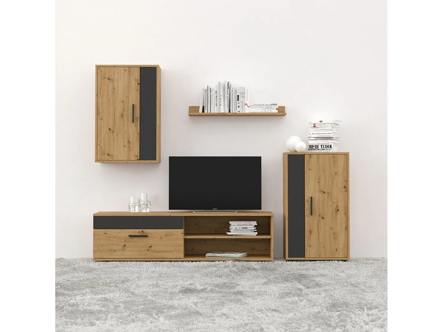 Mueble de Salón Modular Completo | Conjunto de 4 Piezas: Mueble para Televisión, Mueble Bajo, Mueble Alto y Estantería Alta | Color Roble Nudoso y Neg