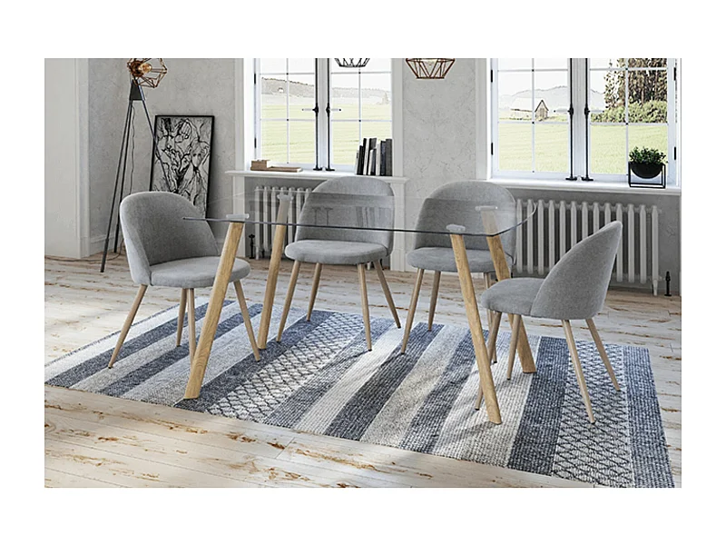 Mesa de Comedor Nórdica | Diseño con Tapa de Cristal Transparente y Patas de Metal Color Roble | Dimensiones: 140 x 80 x 76 cm