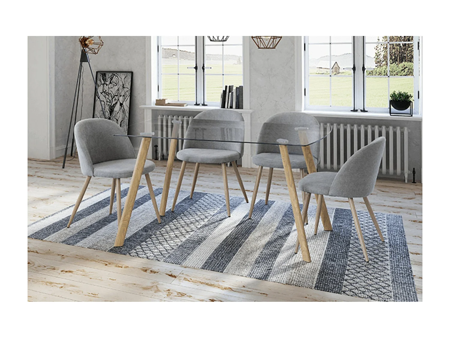 Mesa de Comedor Nórdica | Diseño con Tapa de Cristal Transparente y Patas de Metal Color Roble | Dimensiones: 140 x 80 x 76 cm