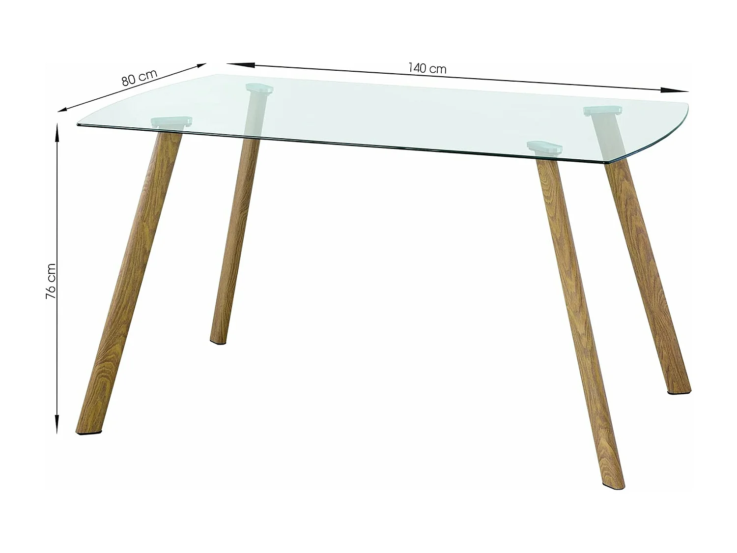 Mesa de Comedor Nórdica | Diseño con Tapa de Cristal Transparente y Patas de Metal Color Roble | Dimensiones: 140 x 80 x 76 cm