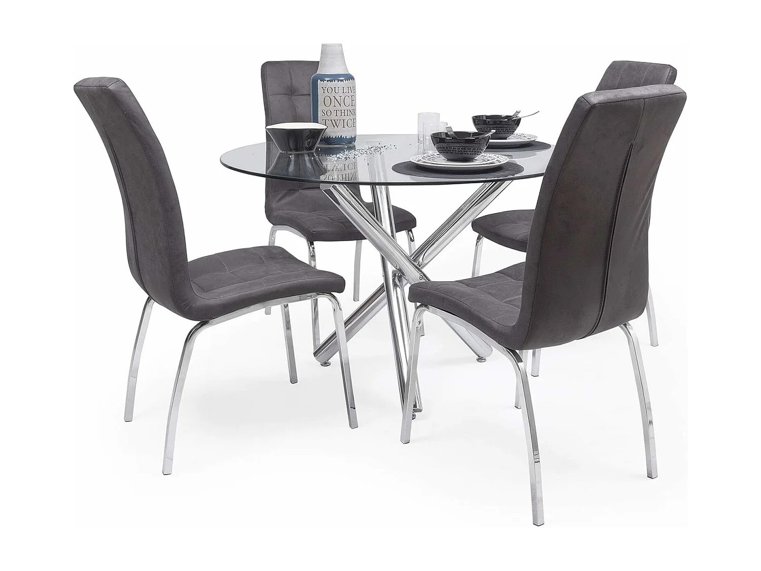 Mesa de Comedor Redonda | Tapa de Cristal y Pata Cromada | Diámetro 110 cm.