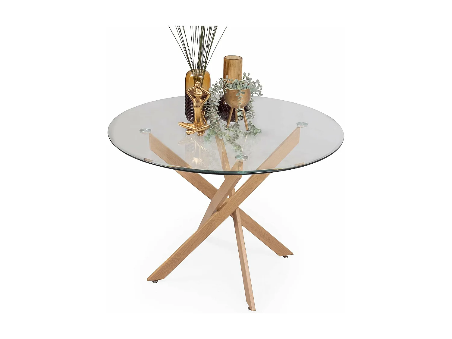 Mesa Redonda con Tapa de Cristal y Estructura Metálica Acabado Madera | Medidas: 110 x 73 cm