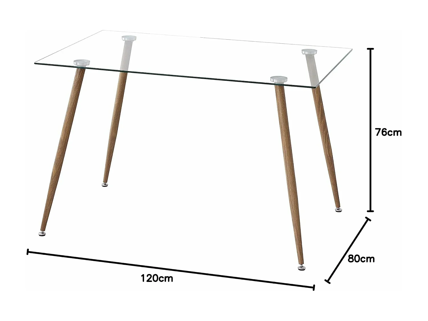 Mesa de Comedor Fija  - Cristal Templado y Patas Metálicas con Acabado Madera | 120x80X76 cm
