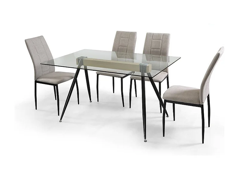 Mesa de Comedor de Cristal Templado - Patas Metálicas Negras y Travesaño de Madera | Diseño Moderno | 140x90 x 75 cm