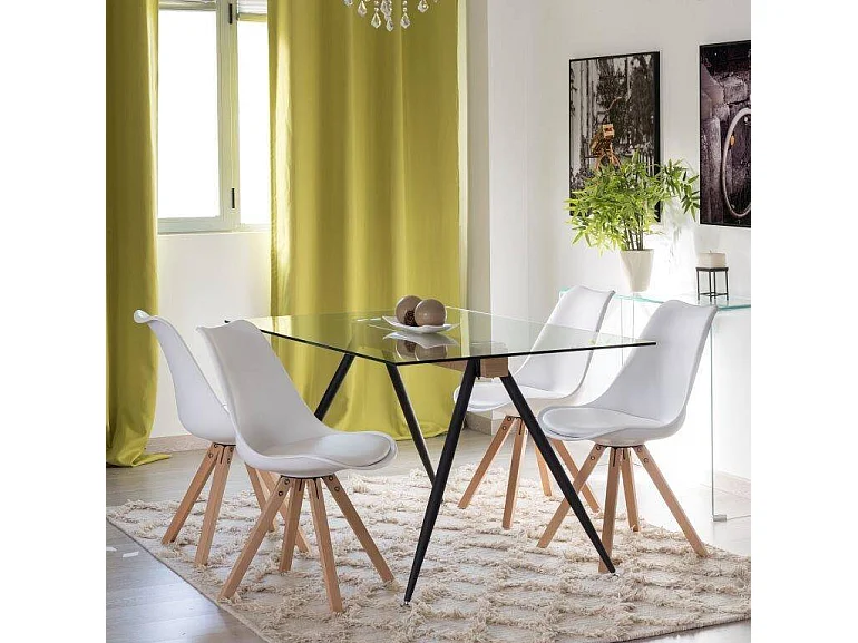 Mesa de Comedor de Cristal Templado - Patas Metálicas Negras y Travesaño de Madera | Diseño Moderno | 140x90 x 75 cm