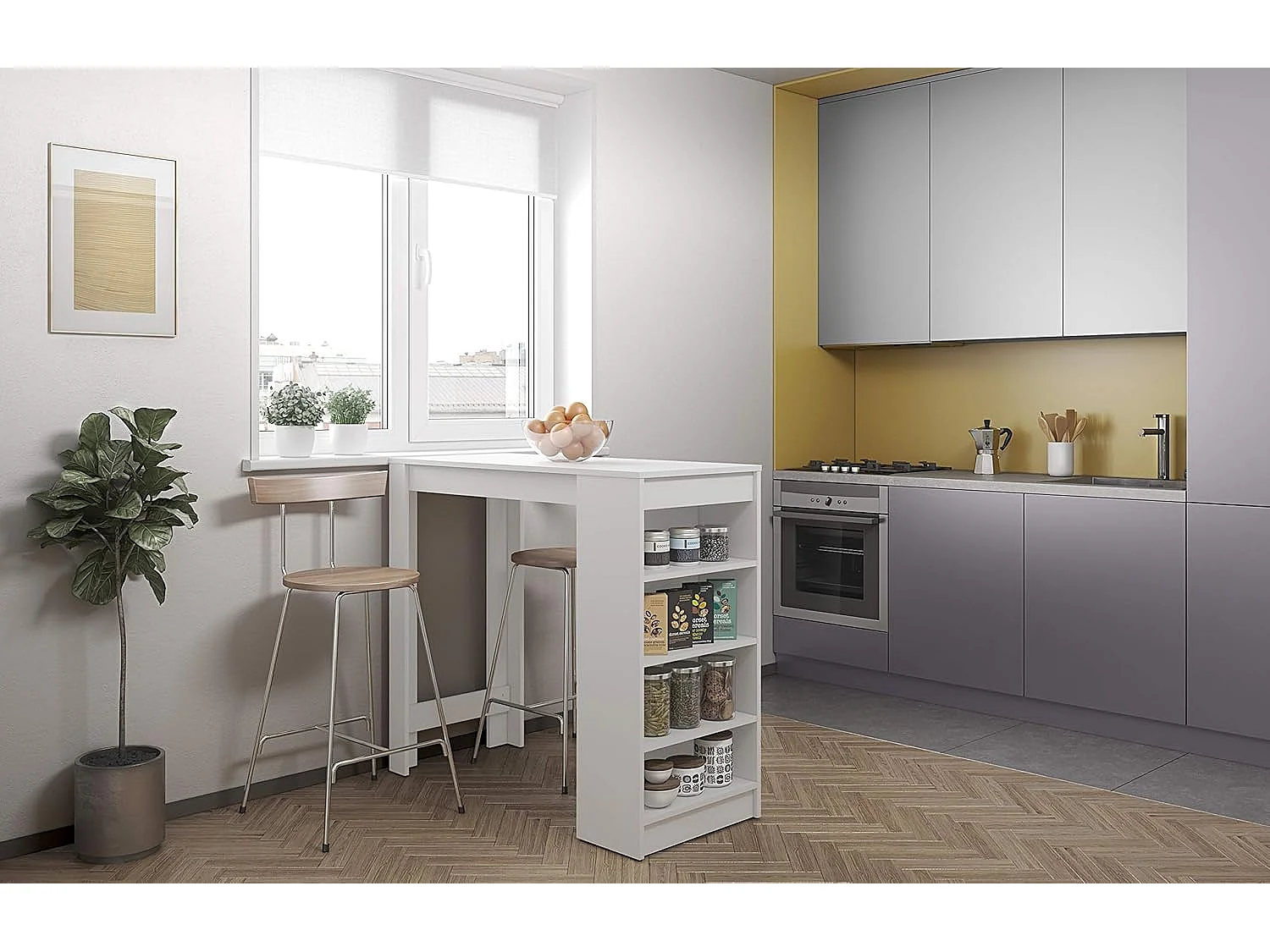 Mesa de Cocina Alta | Acabado en Melamina Blanco | Medidas: 120 cm Ancho x 50 cm Fondo x 105 cm Alto