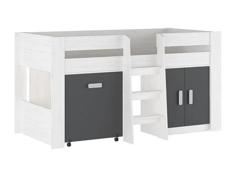 Cama Alta Juvenil con Escritorio y Armario Inferior 208,6 × 115,1 × 110,6 cm Color Blanco y Grafito  - Diseño Funcional para Espacios Reducidos.