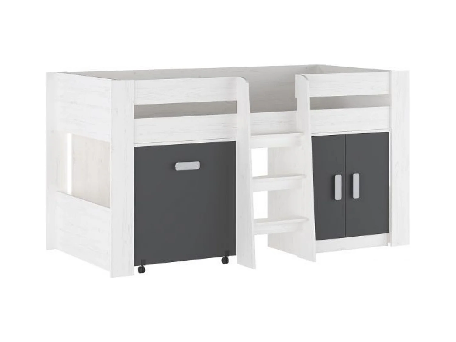 Cama Alta Juvenil con Escritorio y Armario Inferior 208,6 × 115,1 × 110,6 cm Color Blanco y Grafito  - Diseño Funcional para Espacios Reducidos.