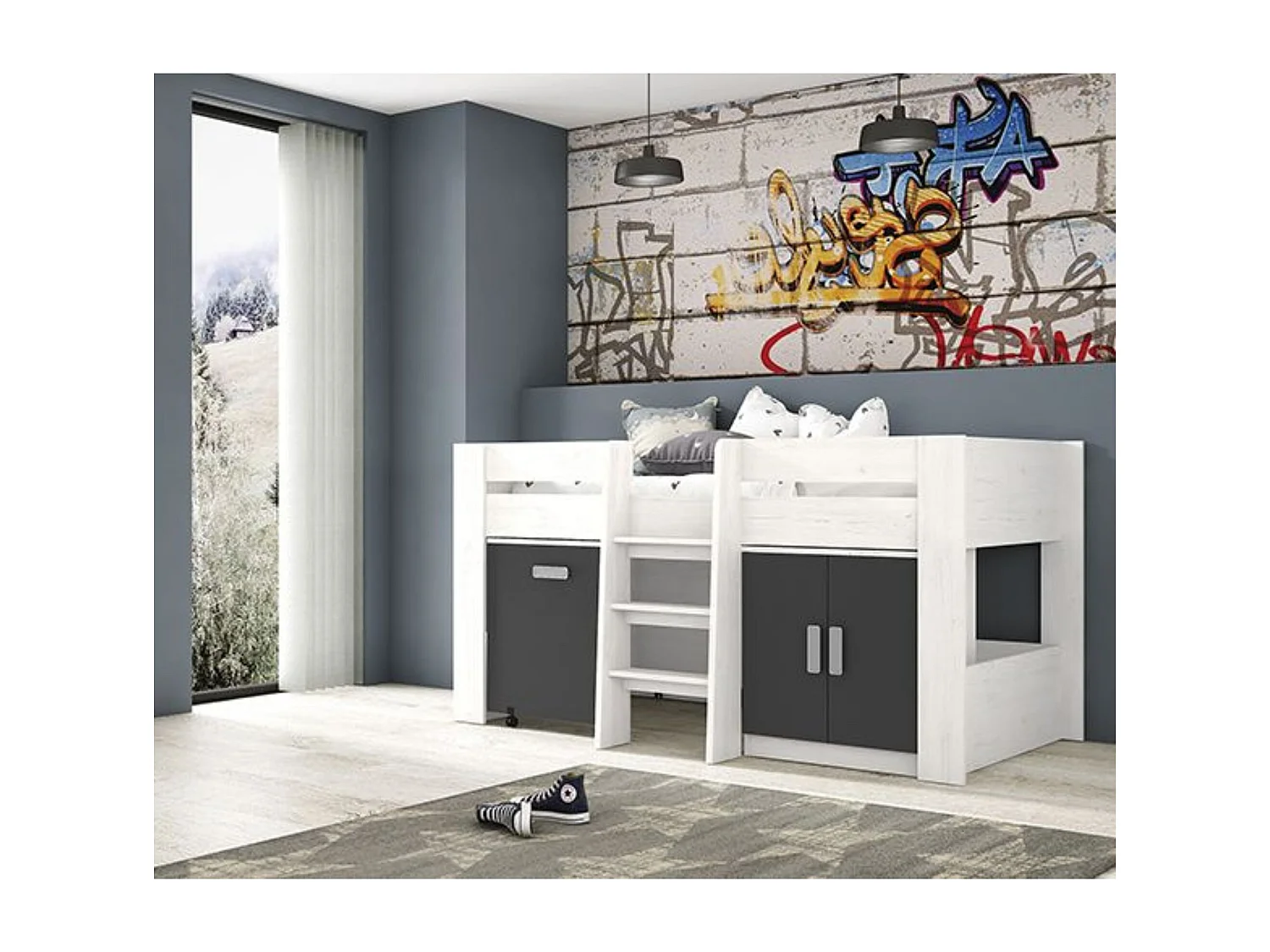 Cama Alta Juvenil con Escritorio y Armario Inferior 208,6 × 115,1 × 110,6 cm Color Blanco y Grafito  - Diseño Funcional para Espacios Reducidos.