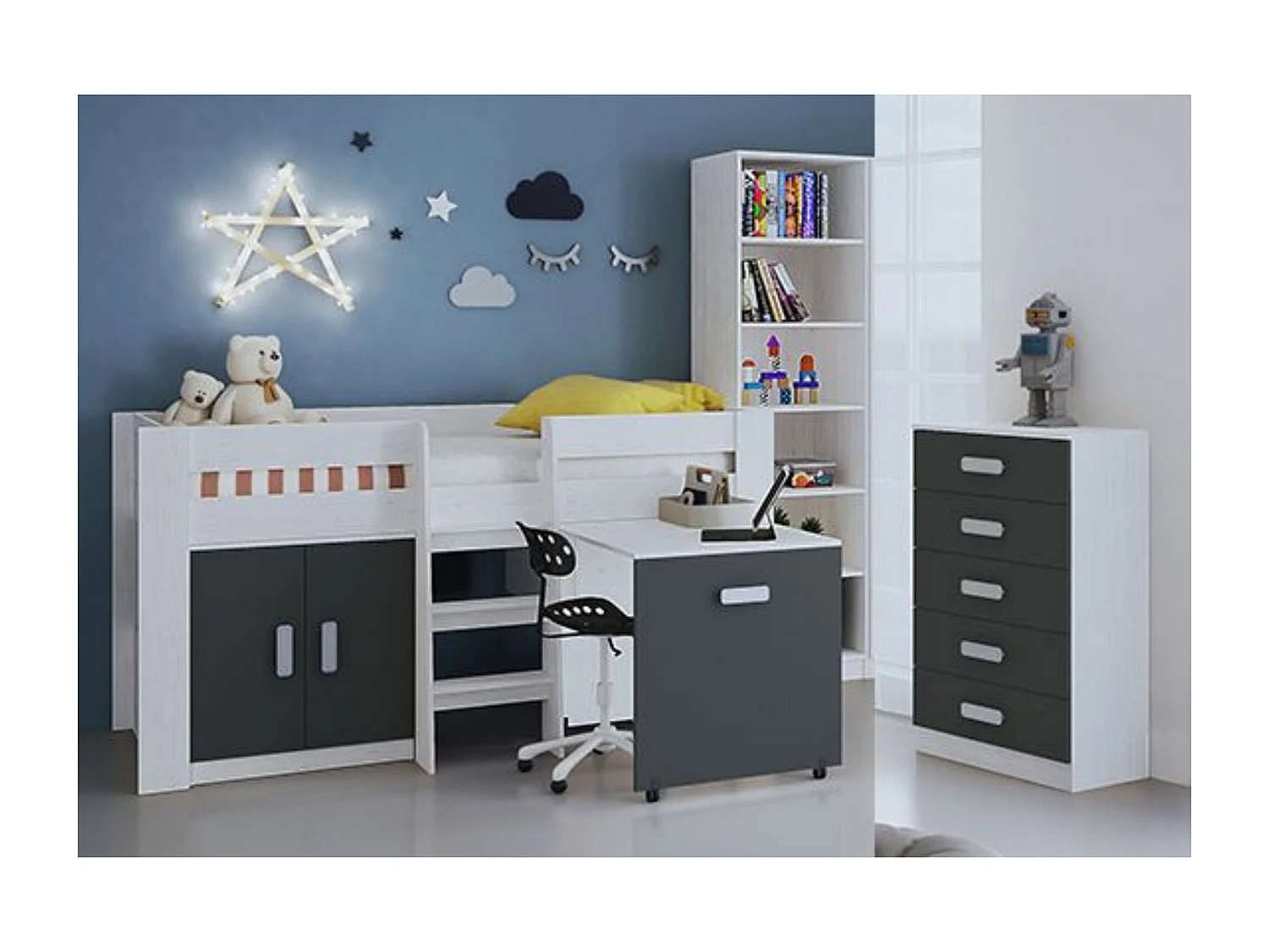 Cama Alta Juvenil con Escritorio y Armario Inferior 208,6 × 115,1 × 110,6 cm Color Blanco y Grafito  - Diseño Funcional para Espacios Reducidos.