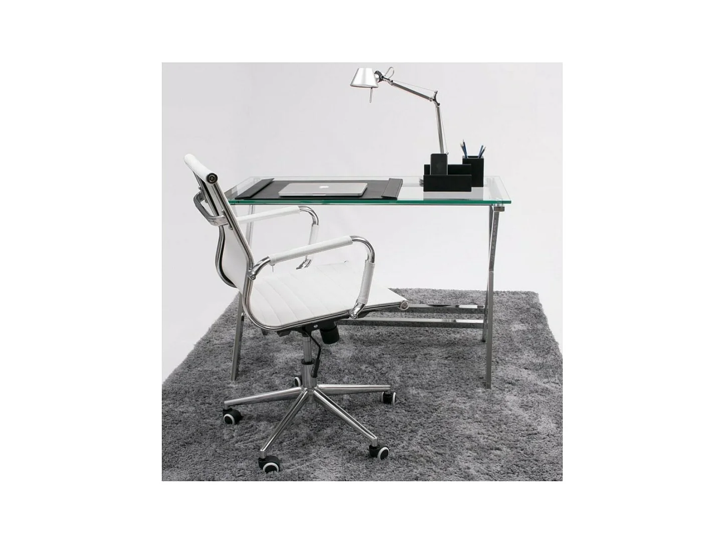 Mesa de Escritorio con Sobre de Cristal Templado y Estructura Metálica – 110x55 cm, Diseño Moderno y Elegante