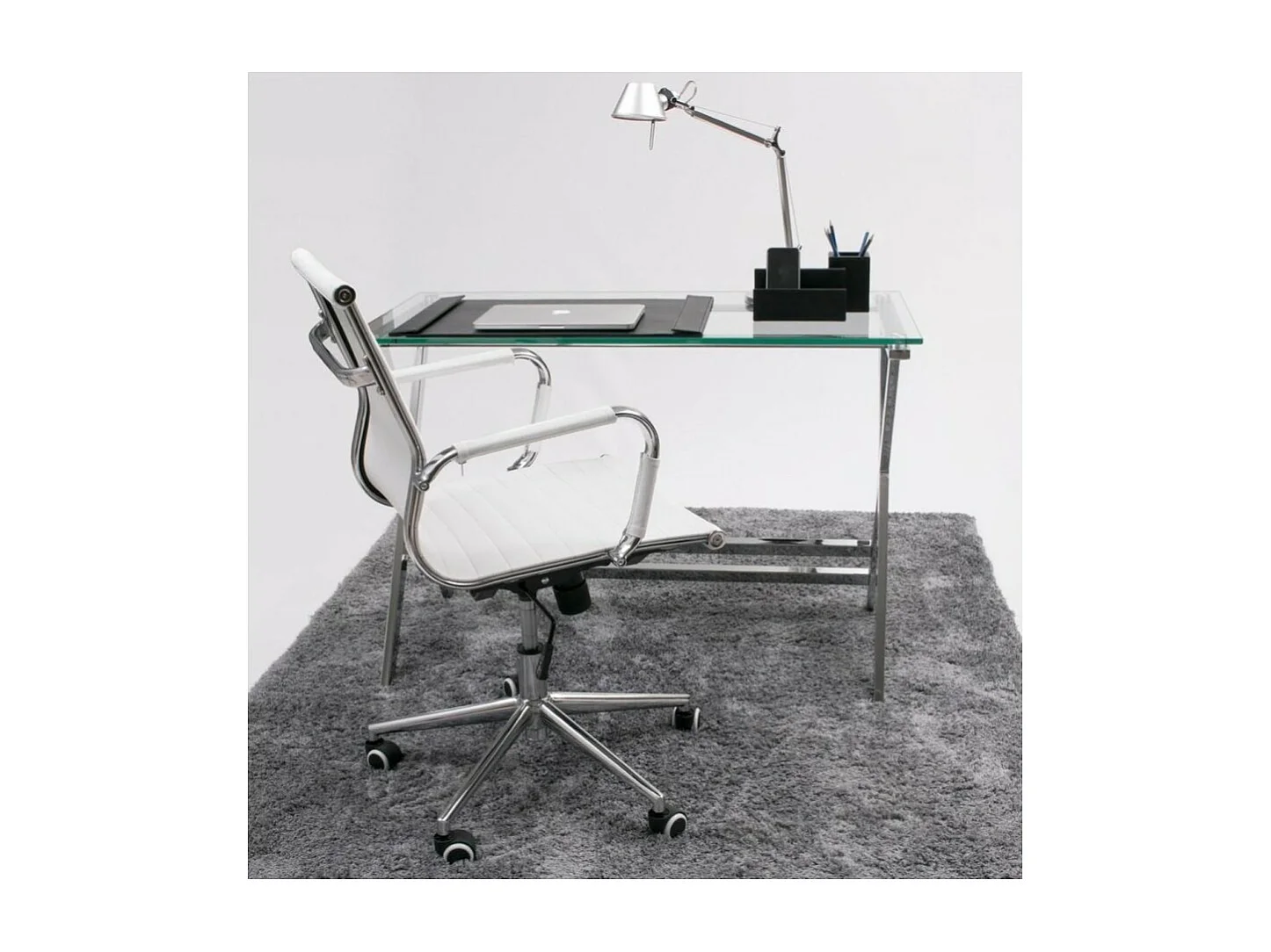 Mesa de Escritorio con Sobre de Cristal Templado y Estructura Metálica – 110x55 cm, Diseño Moderno y Elegante