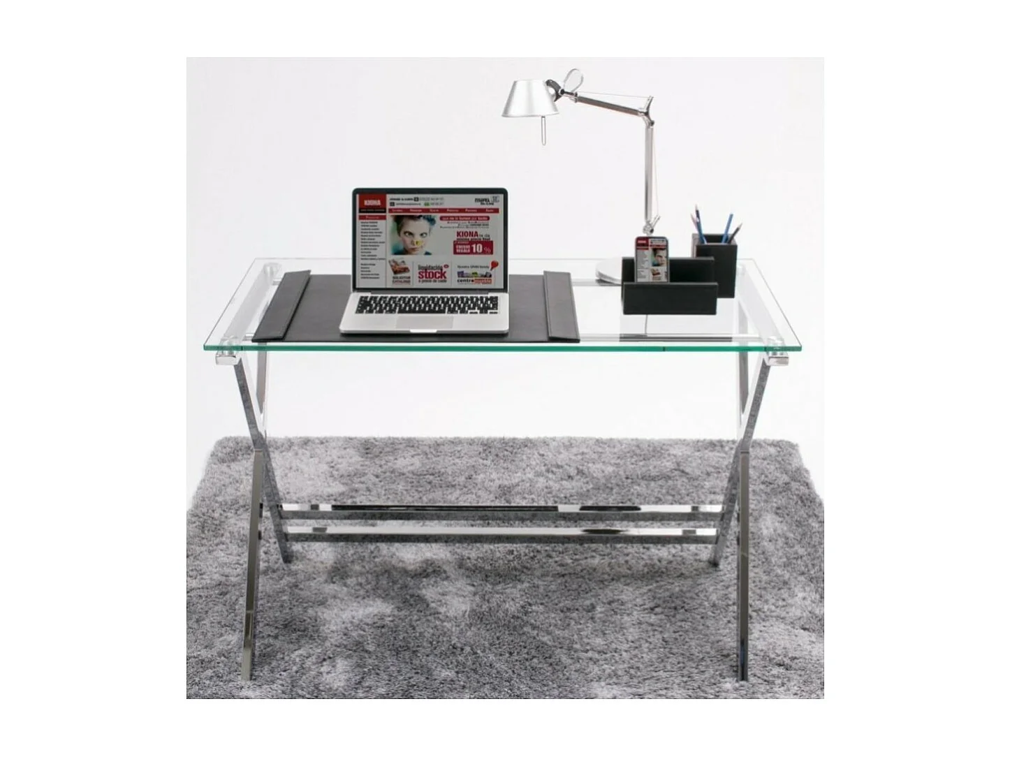 Mesa de Escritorio con Sobre de Cristal Templado y Estructura Metálica – 110x55 cm, Diseño Moderno y Elegante