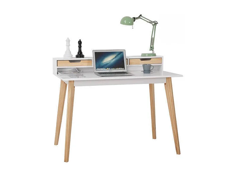 Mesa de Estudio - Escritorio con Encimera MDF Lacado en Blanco Mate y Patas de Pino Macizo – 120x60x90 cm
