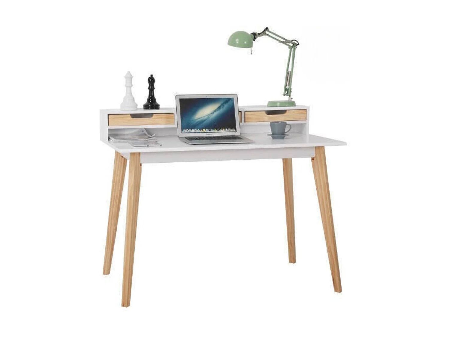 Mesa de Estudio - Escritorio con Encimera MDF Lacado en Blanco Mate y Patas de Pino Macizo – 120x60x90 cm