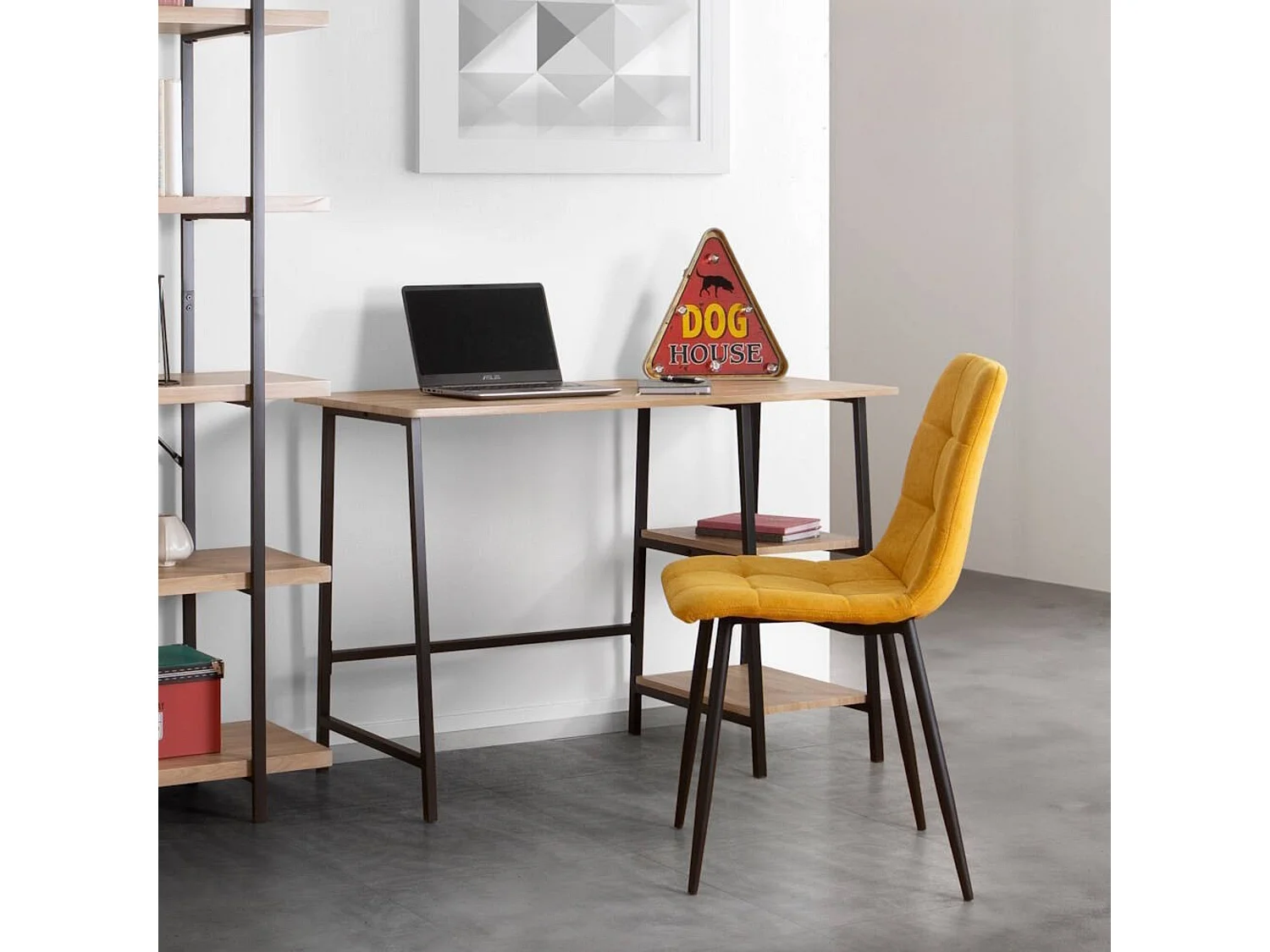 Mesa Escritorio Industrial con Estante y 2 Baldas – MDF Negro, Estructura Metálica y Roble, 110x50x75 cm