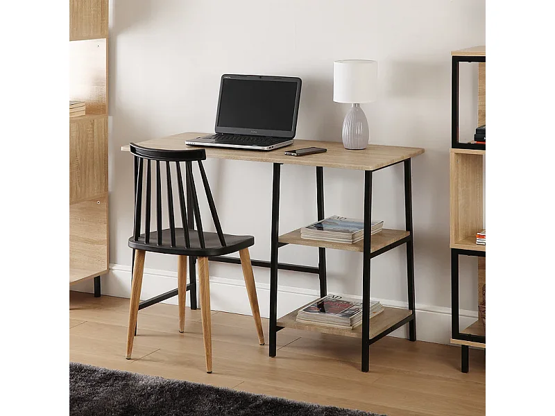 Mesa Escritorio Industrial con Estante y 2 Baldas – MDF Negro, Estructura Metálica y Roble, 110x50x75 cm