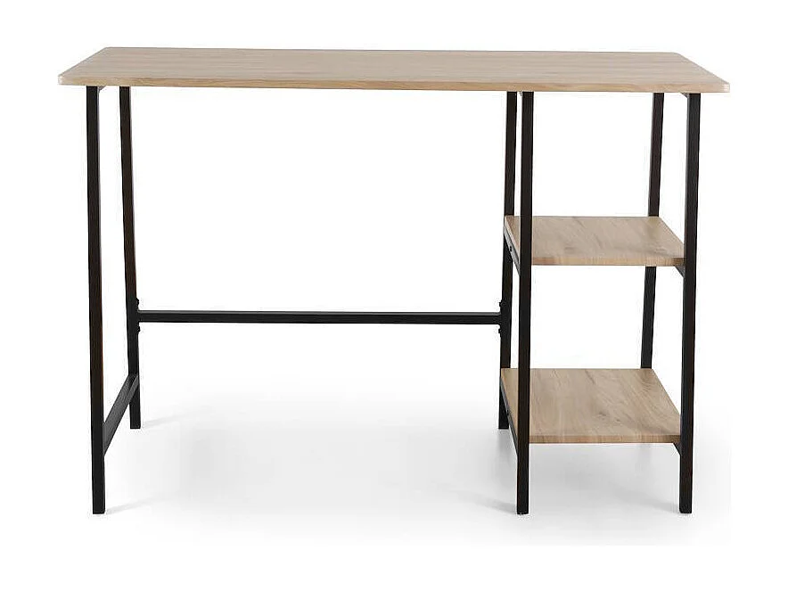 Mesa Escritorio Industrial con Estante y 2 Baldas – MDF Negro, Estructura Metálica y Roble, 110x50x75 cm