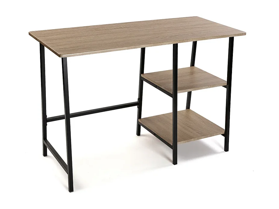 Mesa Escritorio Industrial con Estante y 2 Baldas – MDF Negro, Estructura Metálica y Roble, 110x50x75 cm