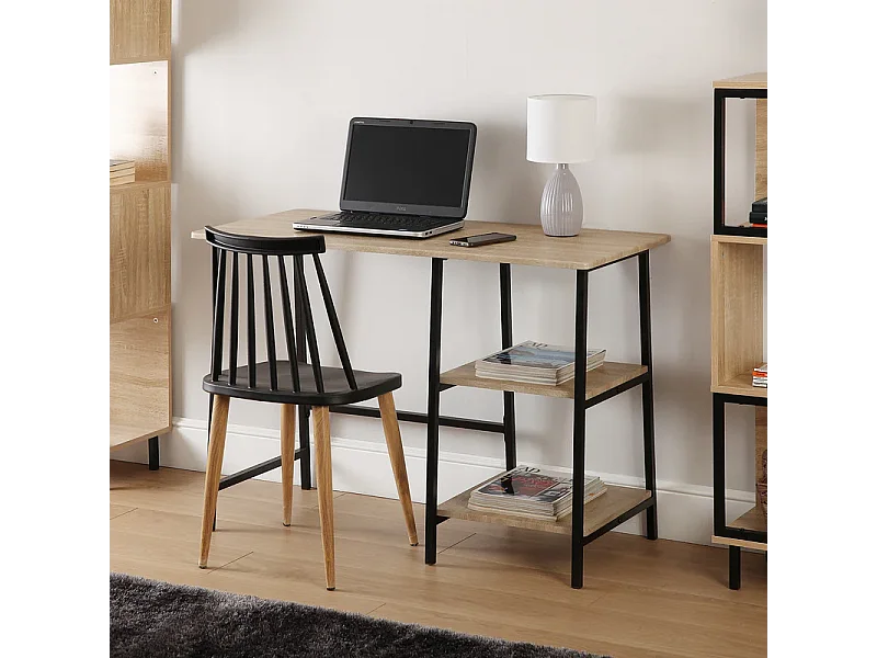 Mesa Escritorio Industrial con Estante y 2 Baldas – MDF Negro, Estructura Metálica y Roble, 110x50x75 cm