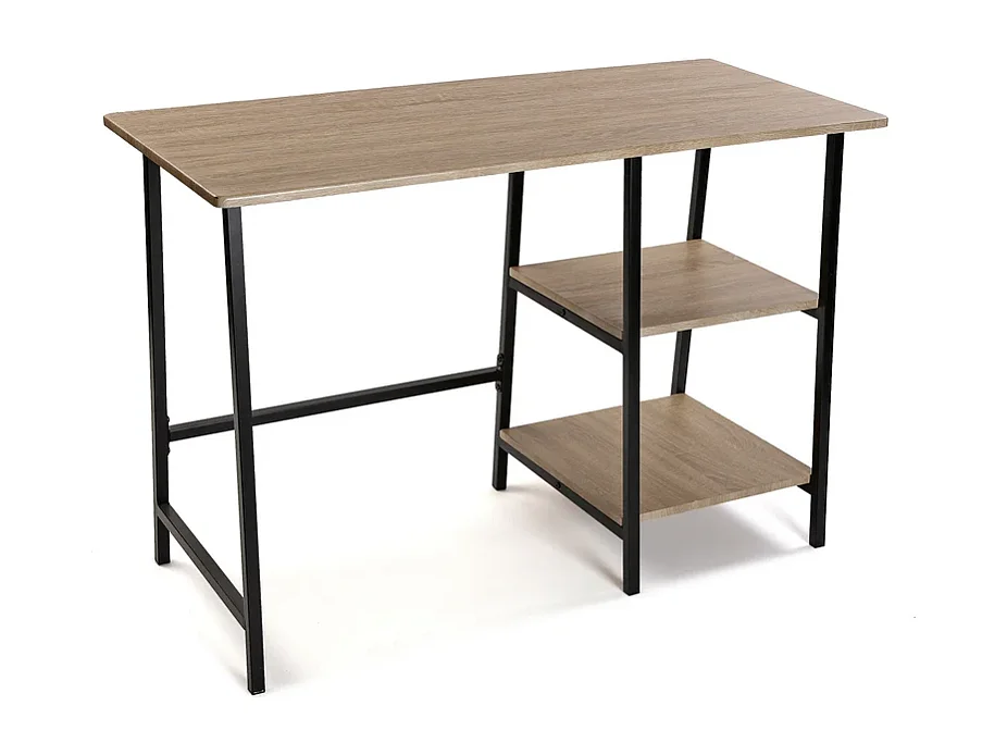 Mesa Escritorio Industrial con Estante y 2 Baldas – MDF Negro, Estructura Metálica y Roble, 110x50x75 cm